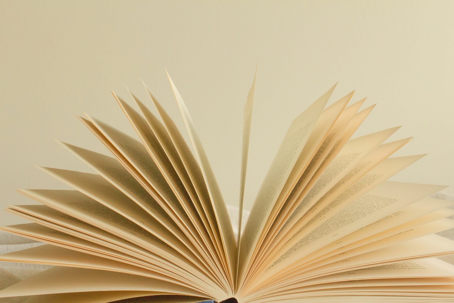 An open book with fanned pages against a plain light background