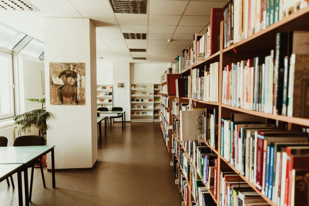 books on shelves in library